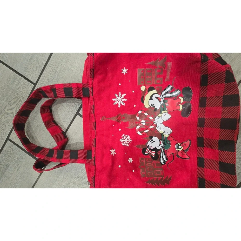 Disney Parks Mickey Minnie Holiday Canvas Tote Bag Red Buffalo Plaid Disneyland